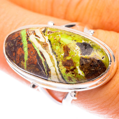 Sterling silver oval cabochon ring with green, brown, and cream stone