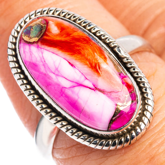 Oval magenta and orange cabochon turquoise-accent sterling silver ring, size 7.5