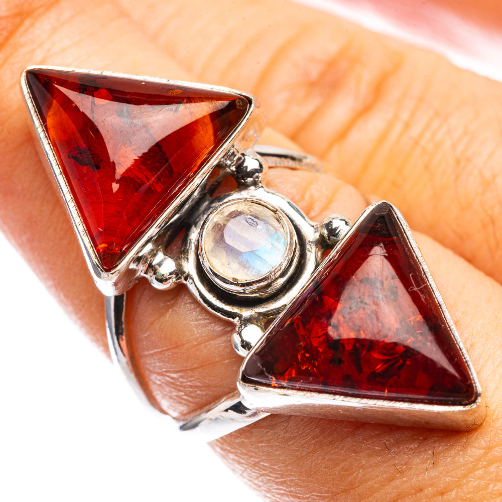 Large Baltic Amber, Rainbow Moonstone Ring Size 7 (925 Sterling Silver) R142724