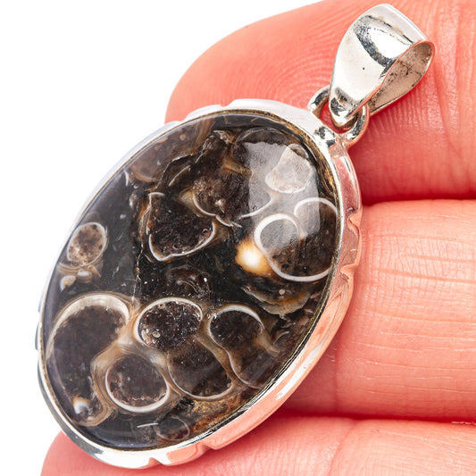 Oval turritella agate pendant, .925 sterling silver bezel and bail