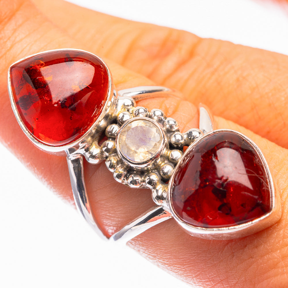 Large Baltic Amber, Rainbow Moonstone Ring Size 7.5 (925 Sterling Silver) R142204