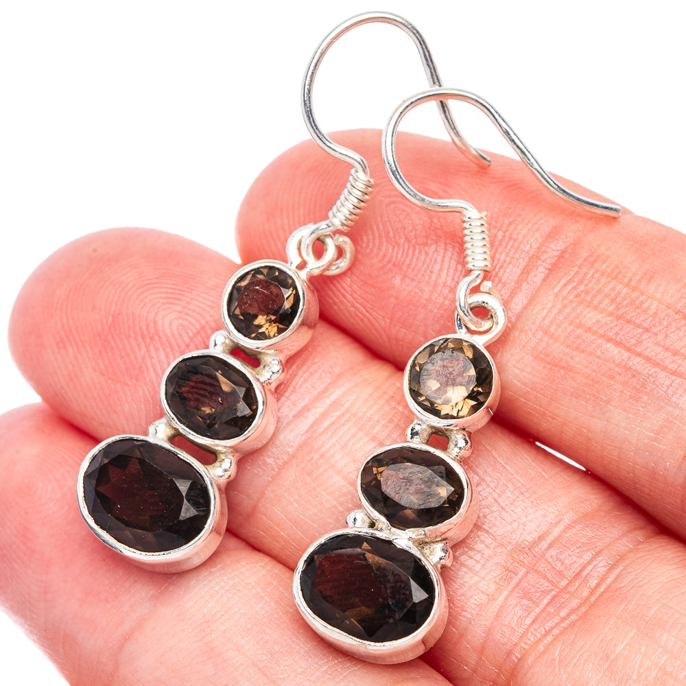 Sterling silver smoky quartz drop earrings with three faceted oval stones