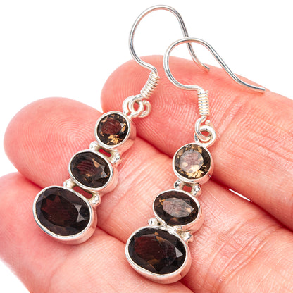 Sterling silver smoky quartz drop earrings with three faceted oval stones