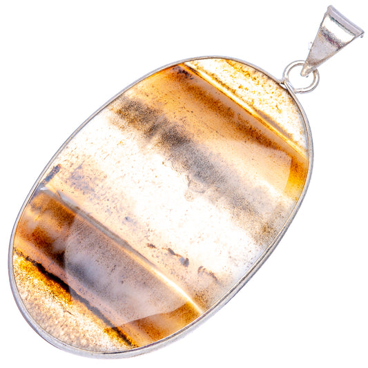 Silver-plated oval agate pendant showing golden, tan, and gray banded stone, with bail