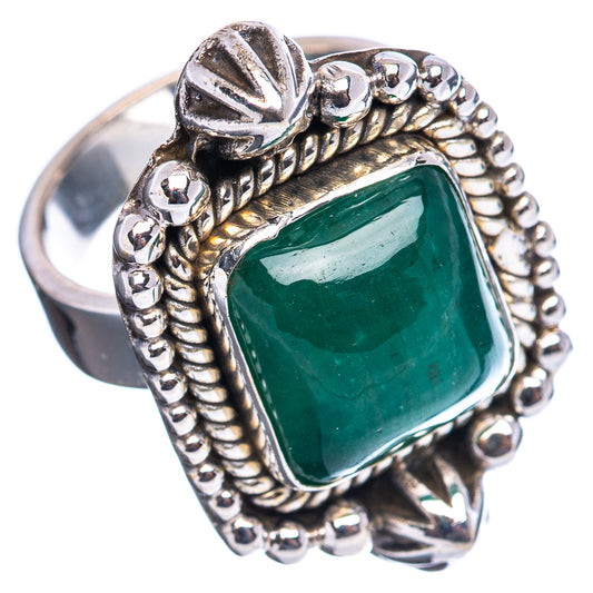 Square green emerald ring in ornate beaded silver frame with star details