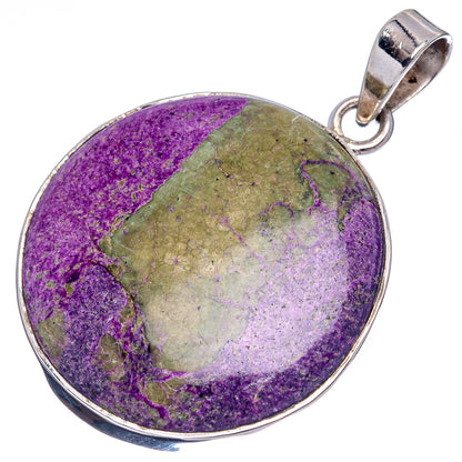 Oval purpurite pendant with .925 sterling silver bezel and purple-green stone face.