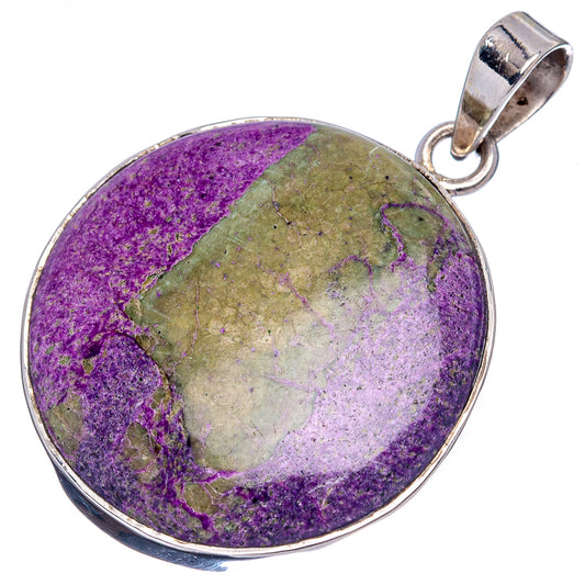 Oval purpurite pendant with .925 sterling silver bezel and purple-green stone face.