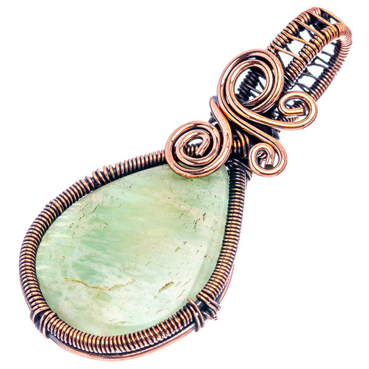 Amazonite wire-wrapped teardrop pendant with oxidized copper spiral frame