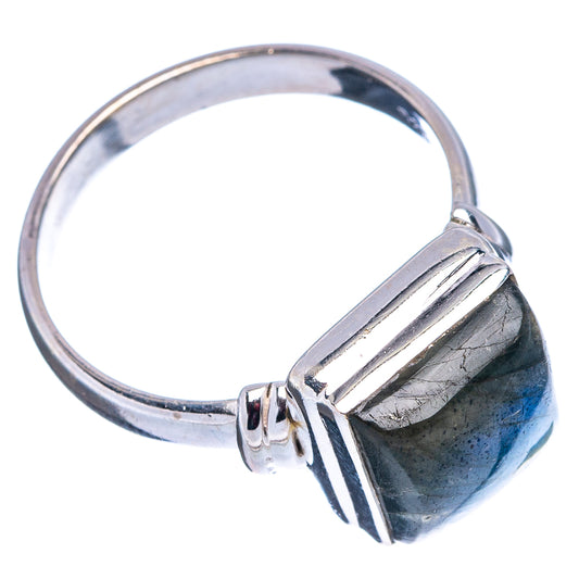 Sterling silver labradorite ring, square stone in raised bezel with split-shank details
