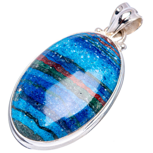 Oval calsilica pendant with blue striped gemstone and sterling silver bail, drop style