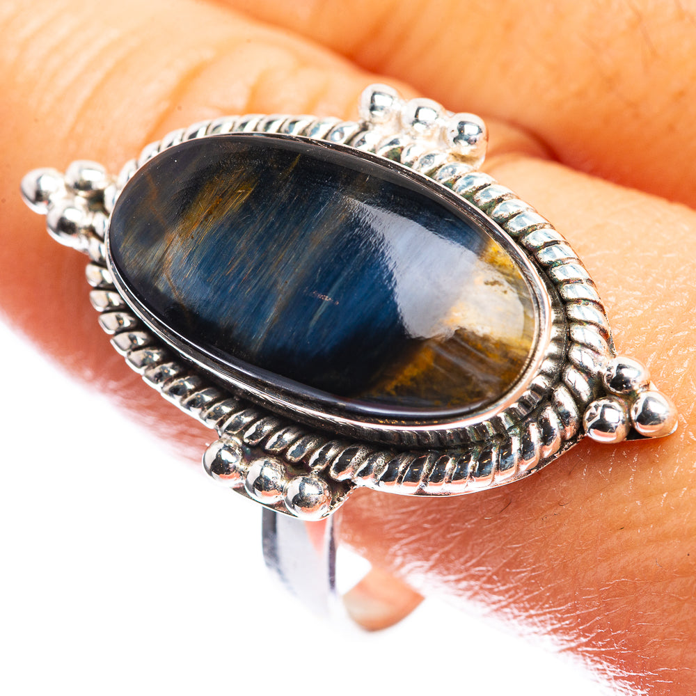 Pietersite oval ring in 925 sterling silver with blue-gold stone and beaded border