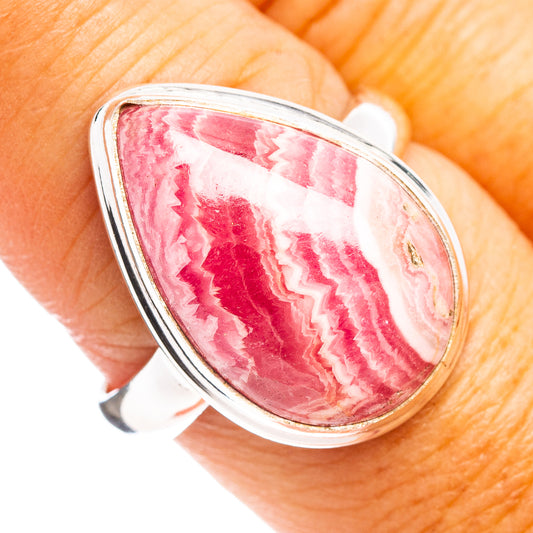 Sterling silver rhodochrosite ring with teardrop pink gemstone, size 9