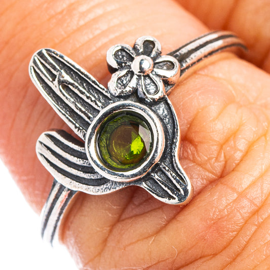 Sterling silver cactus ring with green round gemstone and small flower, size 6.75