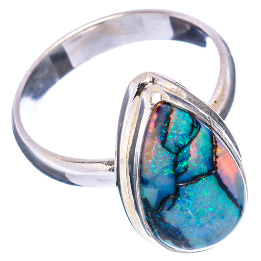 Teardrop opal ring in .925 sterling silver, teal-blue gem with black inlay