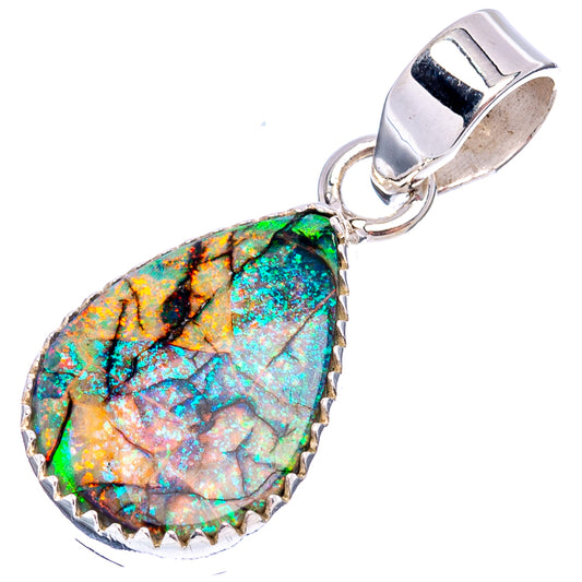 Teardrop opal pendant in ornate scalloped bezel with green-blue and bronze sparkle
