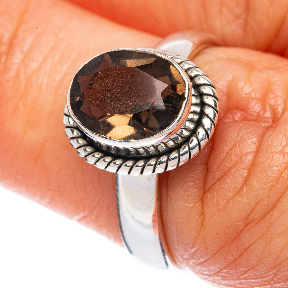 Smoky quartz oval ring in 925 sterling silver, braided bezel, rope details, size 6.75