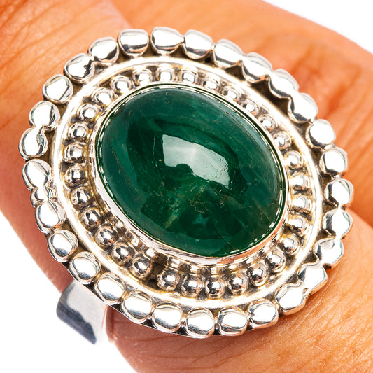 Oval green emerald ring, .925 sterling silver with beaded halo setting
