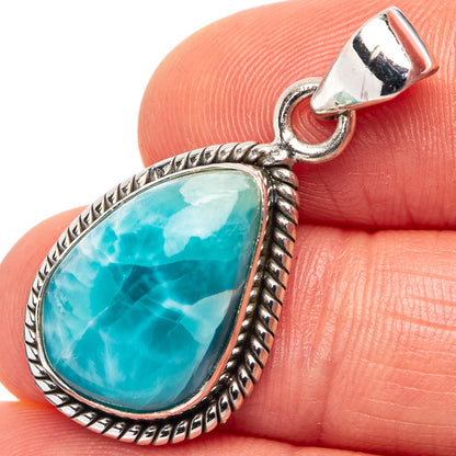 Rare larimar pendant in .925 sterling silver, teardrop stone with rope border