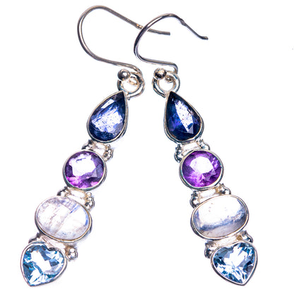Sterling silver drop earrings with blue teardrops, purple round, and moonstone oval