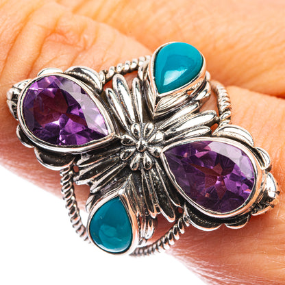 Amethyst and turquoise silver ring with two oval amethyst stones and two blue cabochons