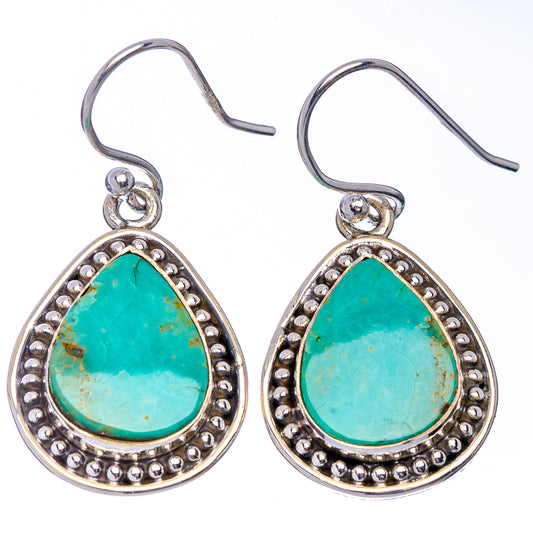 Turquoise teardrop dangle earrings, .925 sterling silver with beaded frame and hooks