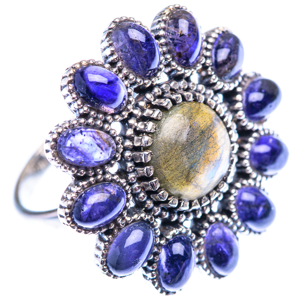 925 sterling silver statement ring with labradorite center and oval blue gemstones