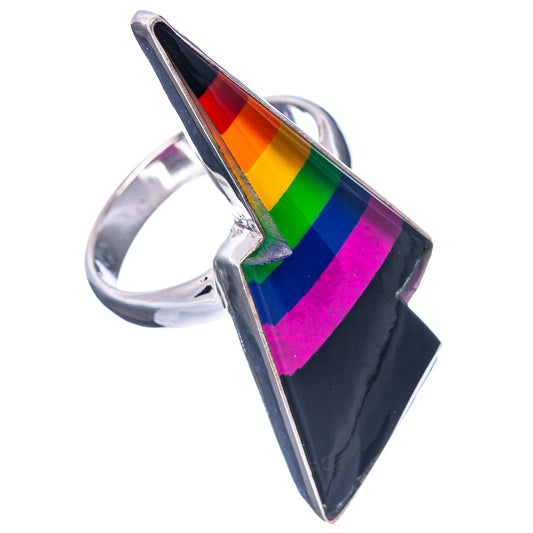 Multicolor rainbow bolt ring with black enamel tip and .925 sterling silver band