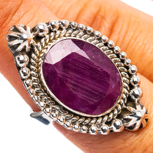 Oval deep purple ruby gemstone ring in .925 sterling silver, beaded halo setting