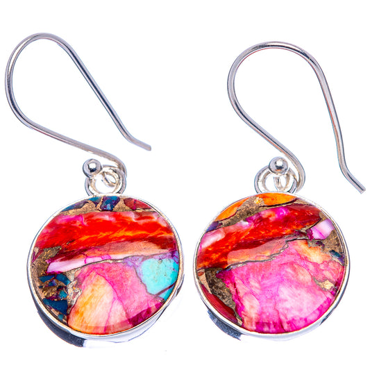 Pair of sterling silver hoop dangle earrings with round multicolor turquoise cabochons