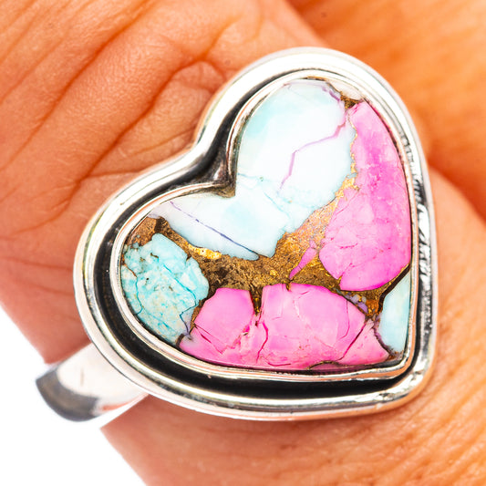 Heart-shaped turquoise and pink gemstone ring, .925 sterling silver band, size 8.75