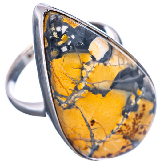 Teardrop jasper ring in .925 sterling silver, yellow and black stone with silver frame