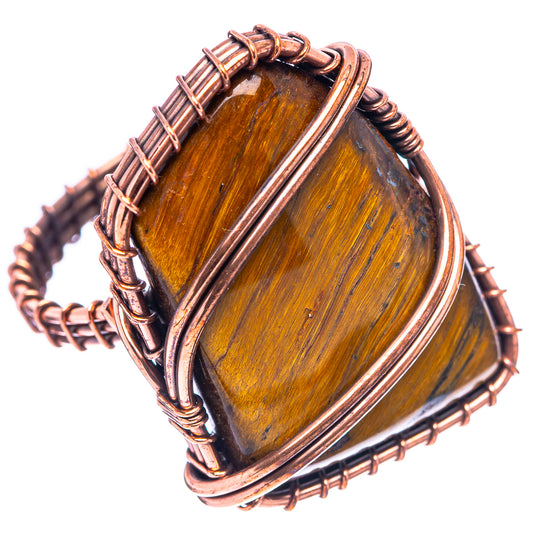 Oxidized copper tiger's eye ring, size 8, close-up of oval yellow-brown stone setting