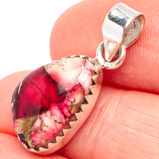 Teardrop turquoise pendant with red and pink stone and .925 sterling silver bail.