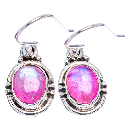 Pink moonstone earrings with oval pink cabochon and small top stones, .925 sterling hooks