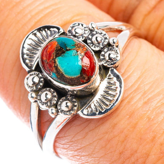 Size 8.25 sterling silver ring with oval coral-matrix turquoise and red stone