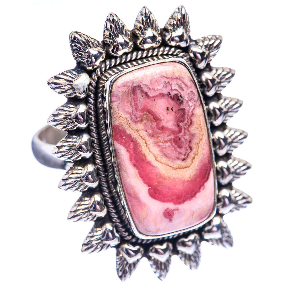 Sterling silver rhodochrosite ring, large pink oval gemstone with ornate leaf border