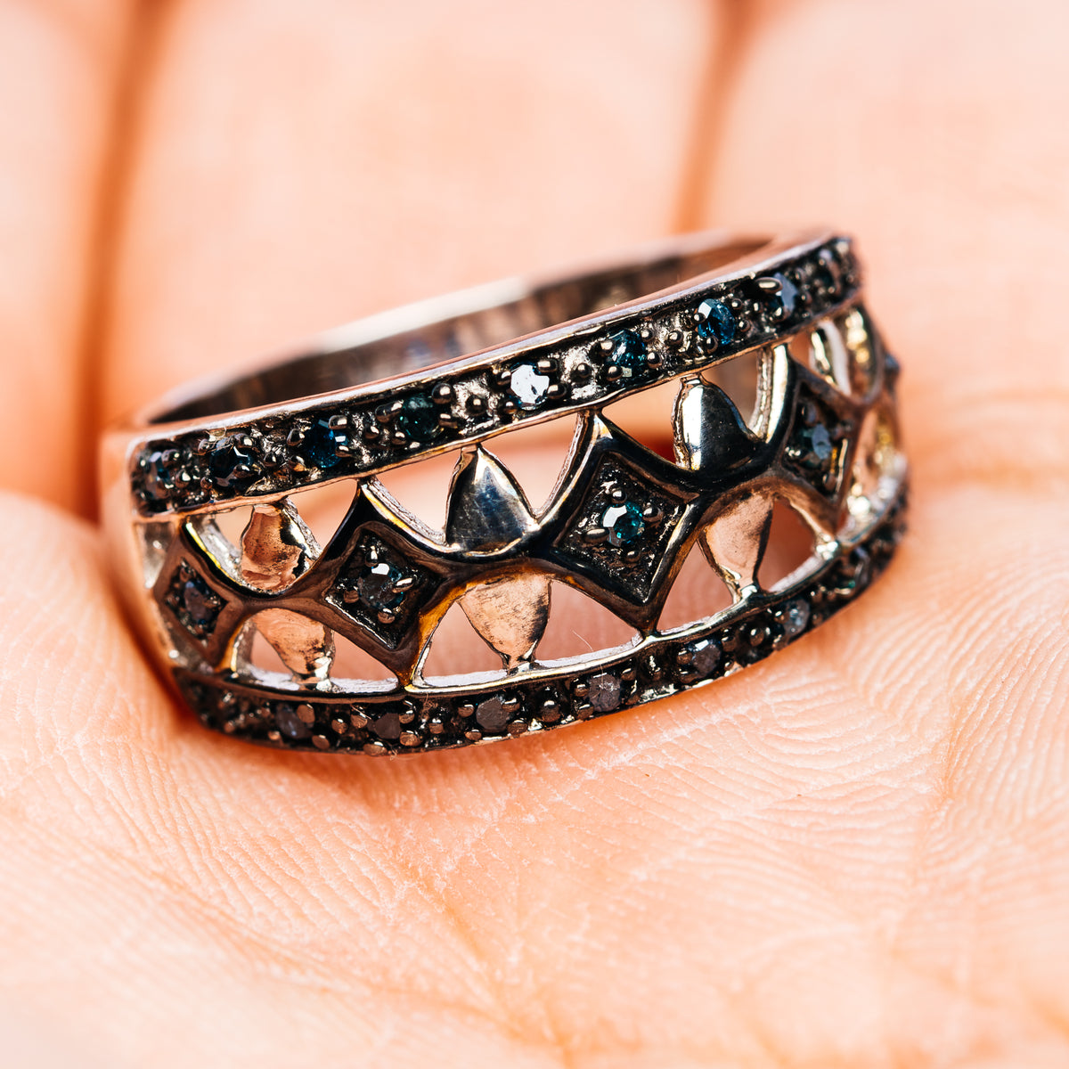 Blue Diamond Ring Size 7.75 (.925 Sterling Silver)