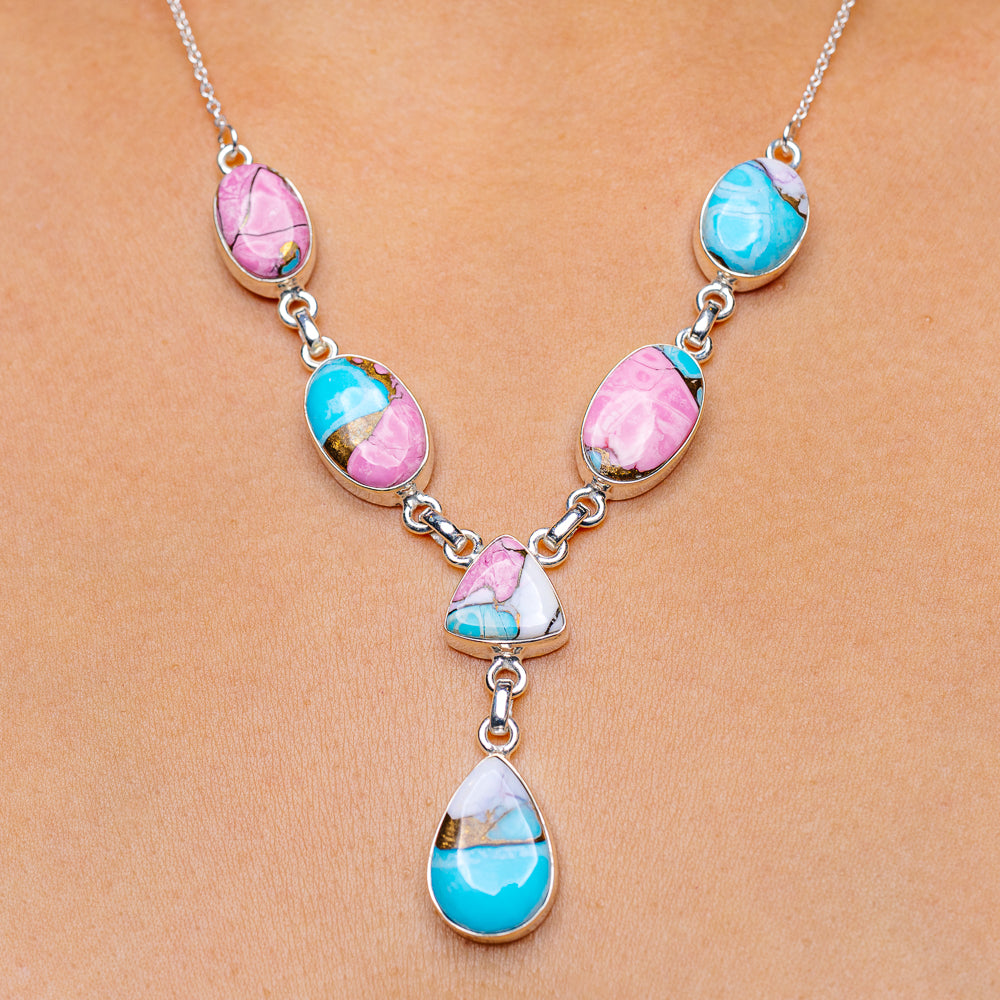 925 sterling silver necklace with turquoise teardrop pendant beads and pink accents