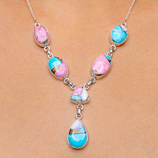 925 sterling silver necklace with turquoise teardrop pendant beads and pink accents