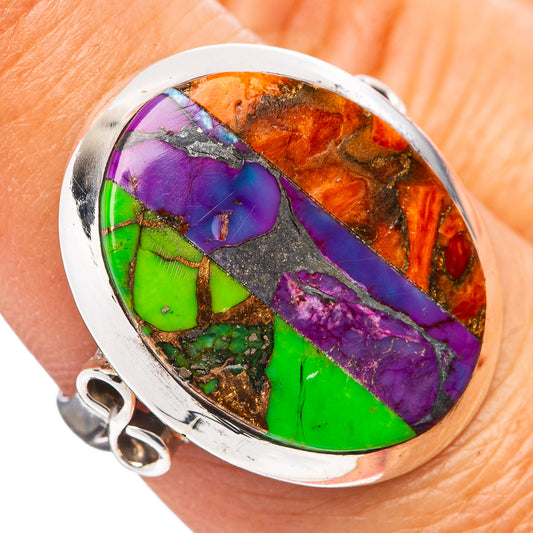 Tri-color gemstone oval sterling silver ring with green, purple, and orange mosaic inlay