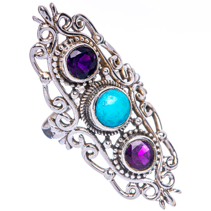 Large Sleeping Beauty Turquoise, Garnet Ring Size 8.5 (925 Sterling Silver) R144672