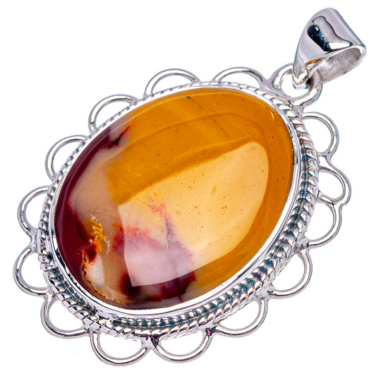 Oval mookaite cabochon pendant in ornate scalloped sterling silver frame