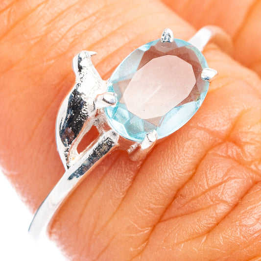 Sterling silver bird dainty ring with blue topaz teardrop gemstone, size 6.5