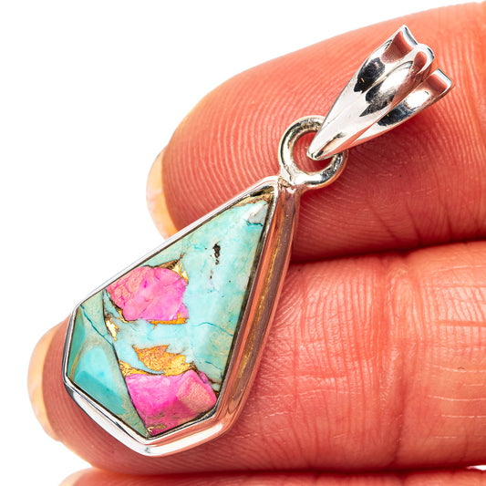 Turquoise teardrop pendant with pink and gold inlay, .925 sterling silver bail