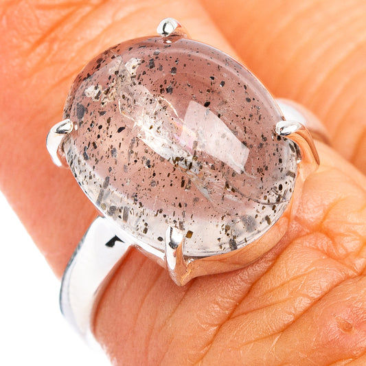 Sterling silver rutilated quartz ring with oval dark speckled stone, side prongs