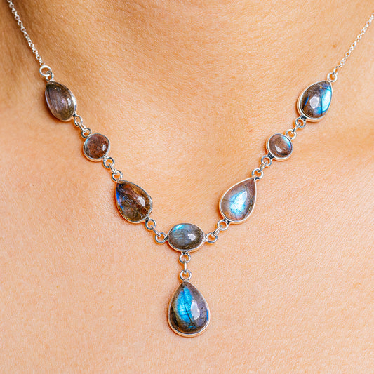 Labradorite necklace with oval blue-gray stones on .925 sterling silver chain
