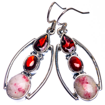 Thulite, Garnet Earrings 1 3/4" (925 Sterling Silver) E432643