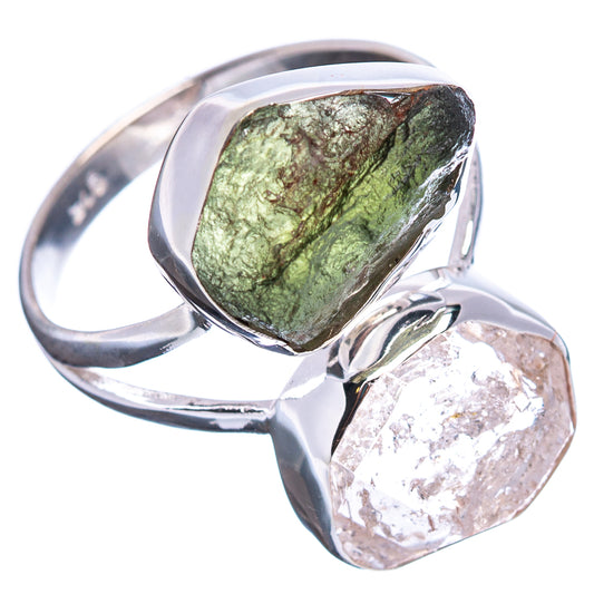 Sterling silver ring with green rough stone and clear faceted crystal, double bezel setting