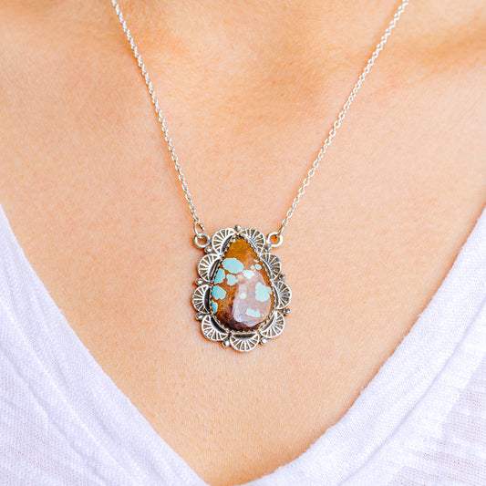 Sterling silver turquoise teardrop pendant necklace with ornate bezel, 17–19 in chain