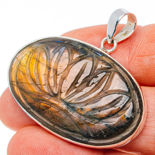 Hand Carved Premium Labradorite Pendant 1 1/2" (.925 Sterling Silver)